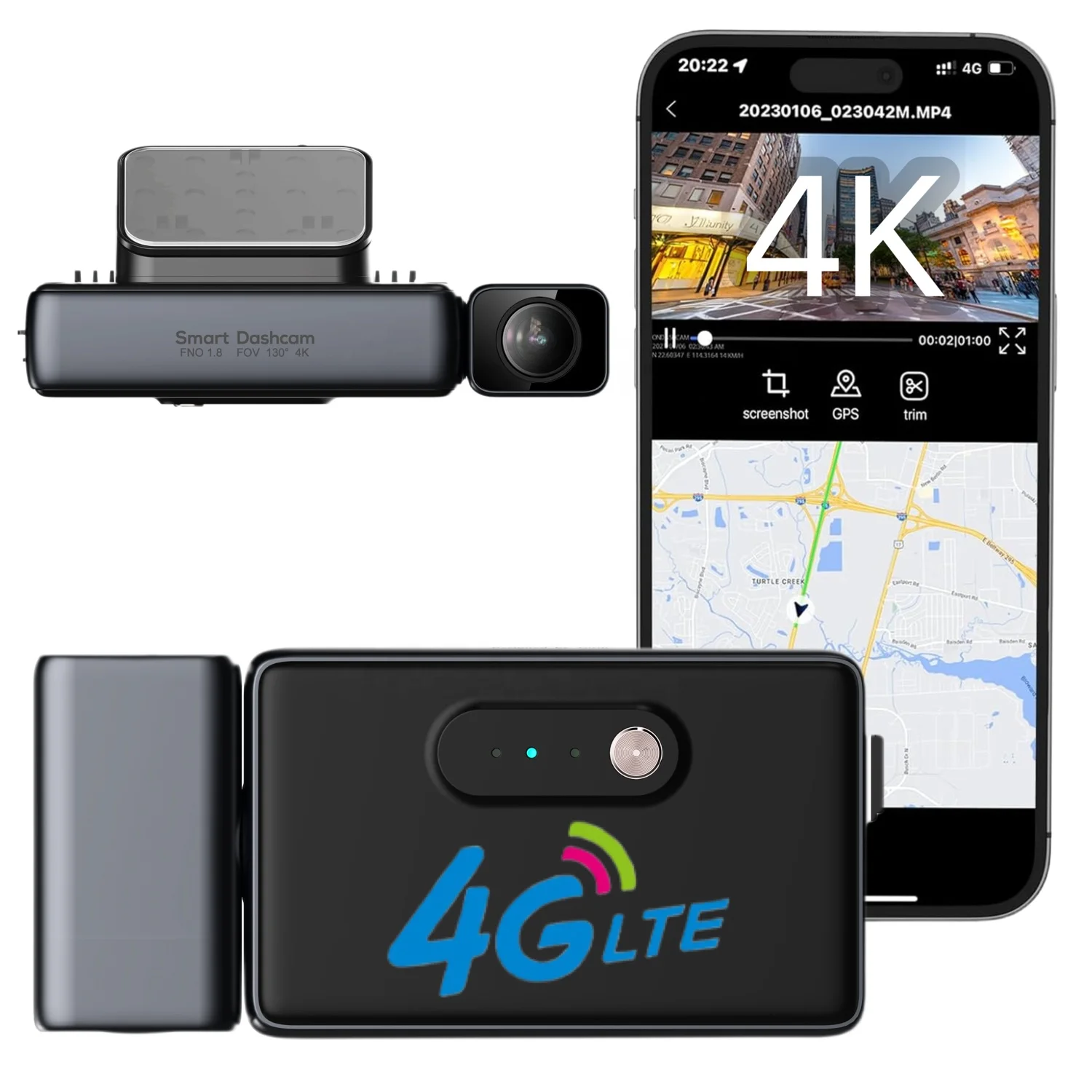 Perekam mengemudi cloud cerdas HD 4K, kamera dasbor depan belakang 4K LTE dan GPS dengan sensor parkir dan jalan, kamera dasbor 4K