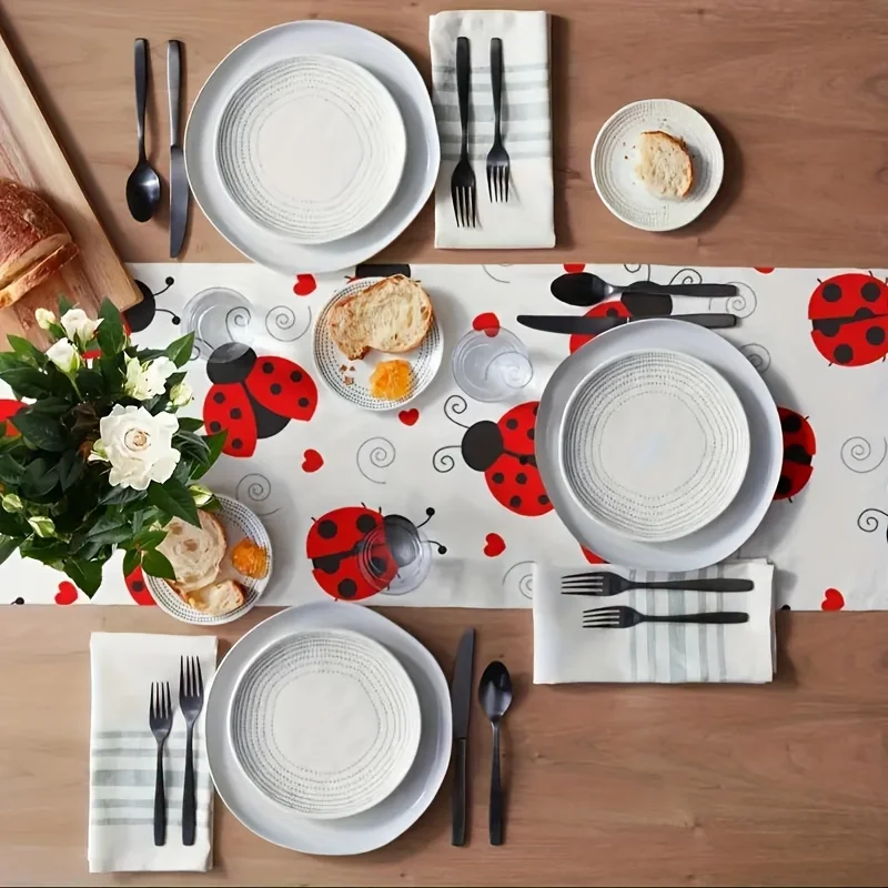 1pc Vibrant Red Ladybug Table Runner with Black Spots & White Hearts - Durable Polyester Rectangular Decorative Tablecloth