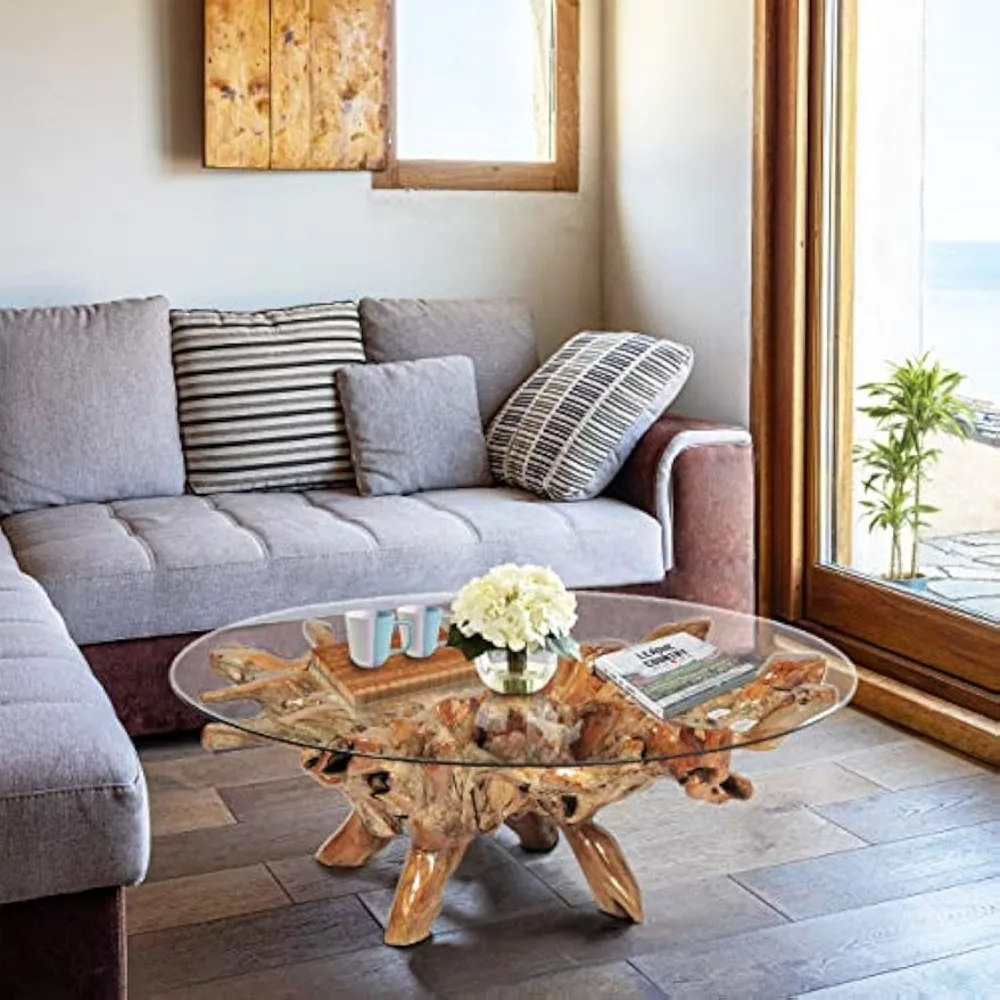 Teak Root Coffee Table, Including A 55 Inch Round Glass Tabletop