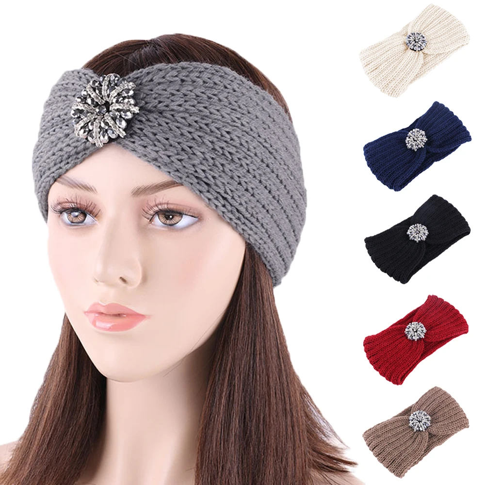 Twist Knot Crystal Women Knitted Headbands Rhinestone Winter Warm Crochet Head Wrap Wide Hair Handband with Accessories Hairband