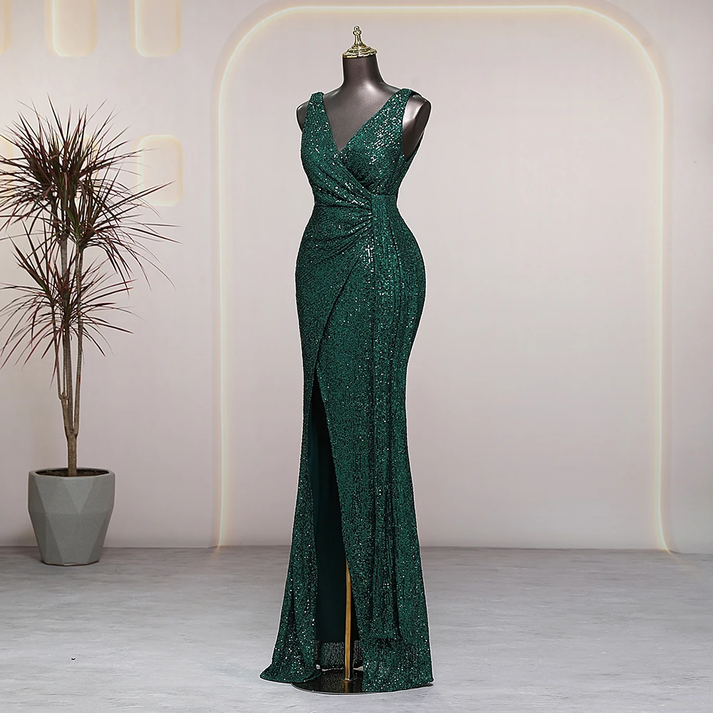 V-neck sleeveless green evening dresses prom dress luxury wedding party dresses formal occasion robes de soirée Bride dresses