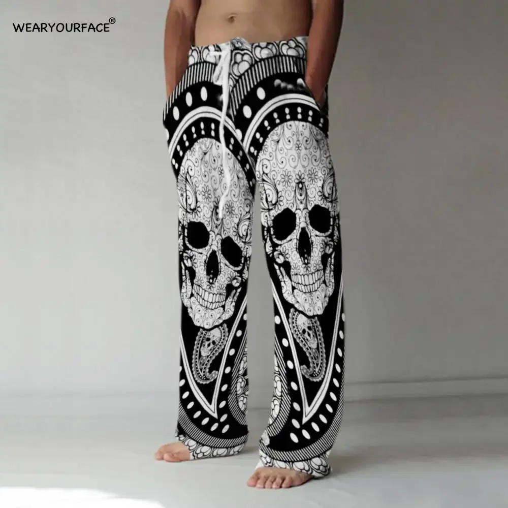 Flowers Skull Printed Straight Full Length Wide Leg Pants Hipster Fashion Trousers Streetwear Sweatpants Men Unisex Clothing