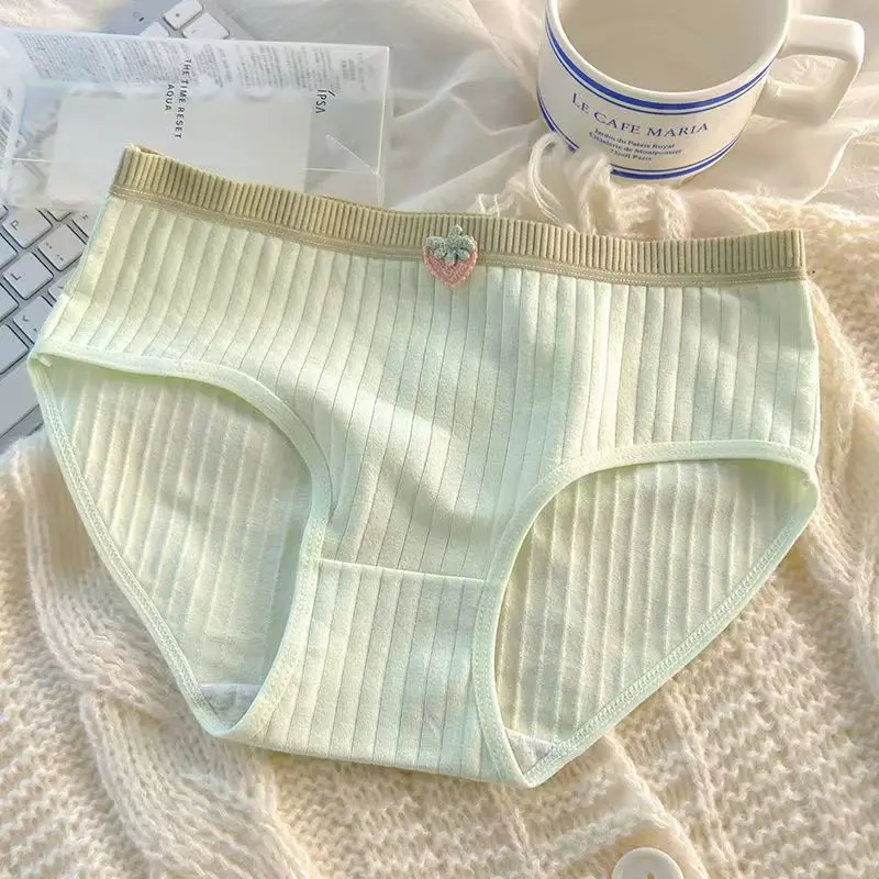 Color-block Striped Girl Teenager Underwear Cartoon Strawberry Panties Ladies' Underwear Mid-rise Seamless Women's Briefs Daily