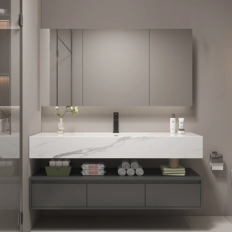 Modern Simple Luxury Bathroom Cabinet with Solid Wood Washbasin Vintage Style Storage Console for Laundry Room Home Furniture
