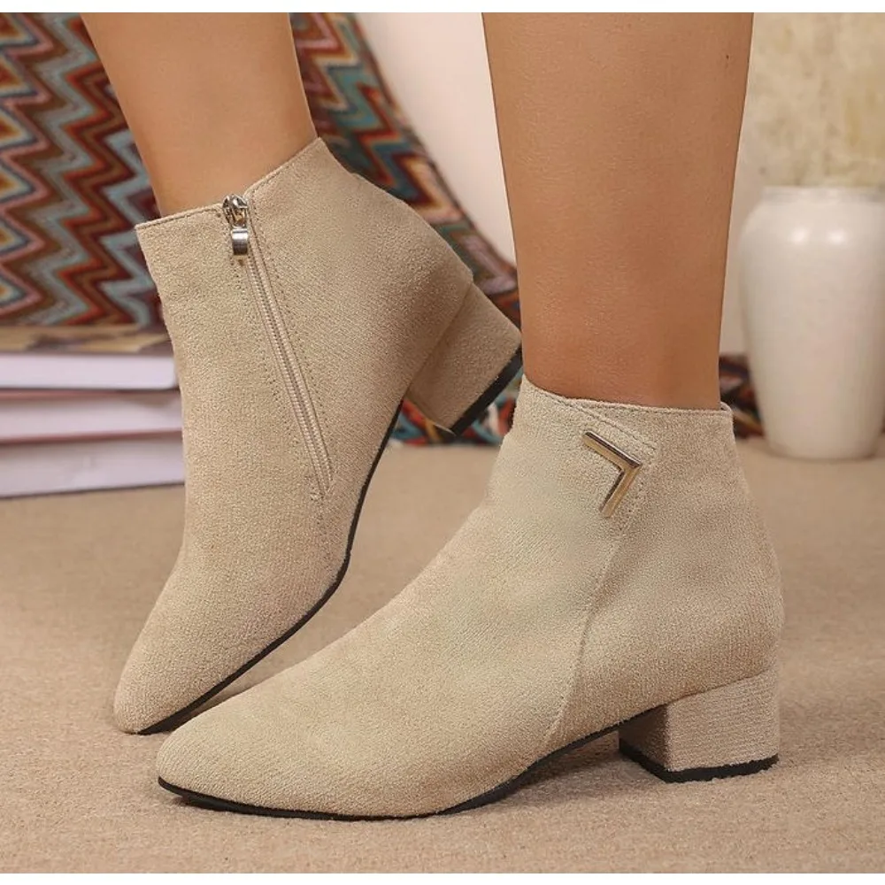 Ankle Boots Women Autumn New Square Head Suede Thick Heel Single Boots Low Barrel Mid Heel Side Zipper Solid Color Women Boots