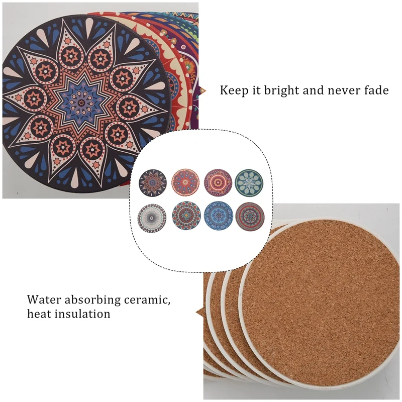 HOT SALE Coasters For Drinks, Set Of 8 Absorbent Stone Coasters For Wooden Table, Mandala Ceramic Coasters With Cork Base