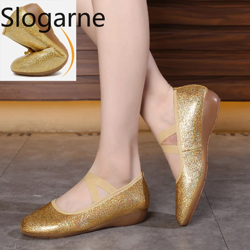 Women Fashion Stage Show Footwear Girls New 2.5CM Heel Latin Dance Shoes PU Leather Party Yoga Jazz Shoes Dance Sports Wear Flat