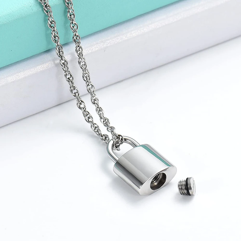 

Wholesale Stainless Steel Silver Color Pad Lock Ash Urn Pendant For Men Memorial Collar Cremation Jewelry Ashes Holder Necklace