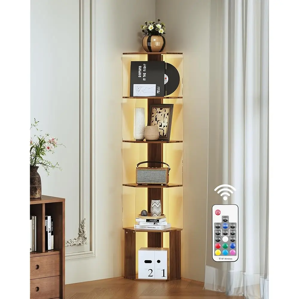

6 Tier Corner Shelf With Adjustable Led Light Corner Shelf Stand 62.8In High Acrylic Corner Display Cabinet For Living Room