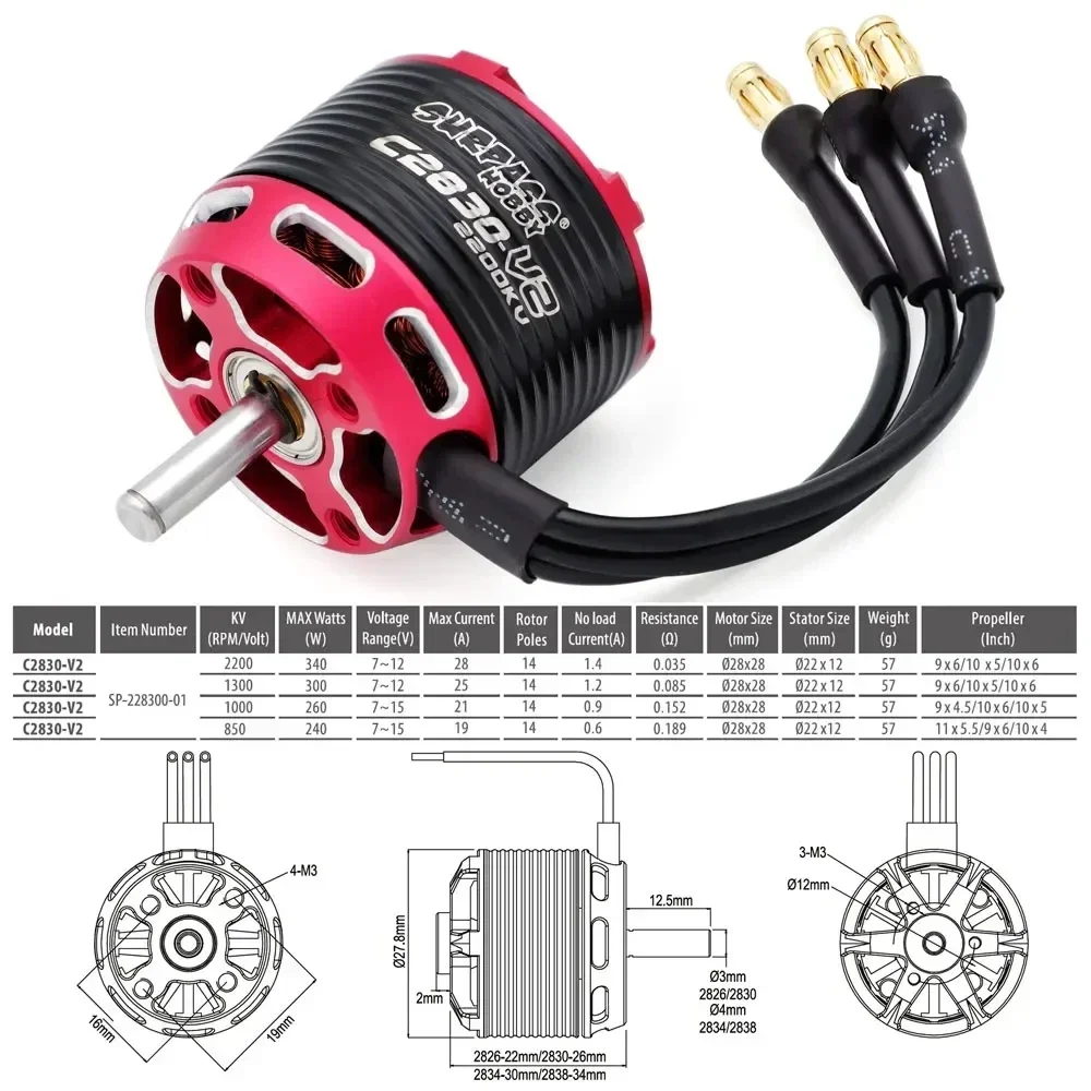 Surpass Hobby Outrunner Brushless Motor C2822 2826 2830 2834 2838 V2 for RC Fixed-wing Quadcopter Drone Airplane Glider Aircraft