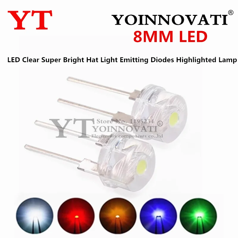 100PCS F8 8mm White Blue Green Red Yellow LED Clear Super Bright Hat Light Emitting Diodes Highlighted Lamp 0.35W/0.5W/0.75W