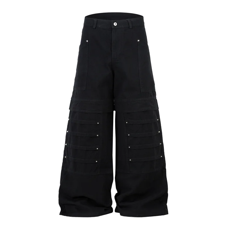 

Hi Street Rivet Casual Jeans Pants Loose Streetwear Black Denim Trousers For Male Patchwork