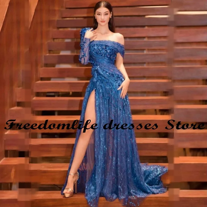 Stunning Blue Split Evening Dresses Long Sleeves Sequin Applique Sequin A Line Prom Gowns Arabic Dubai Wedding Party Dress