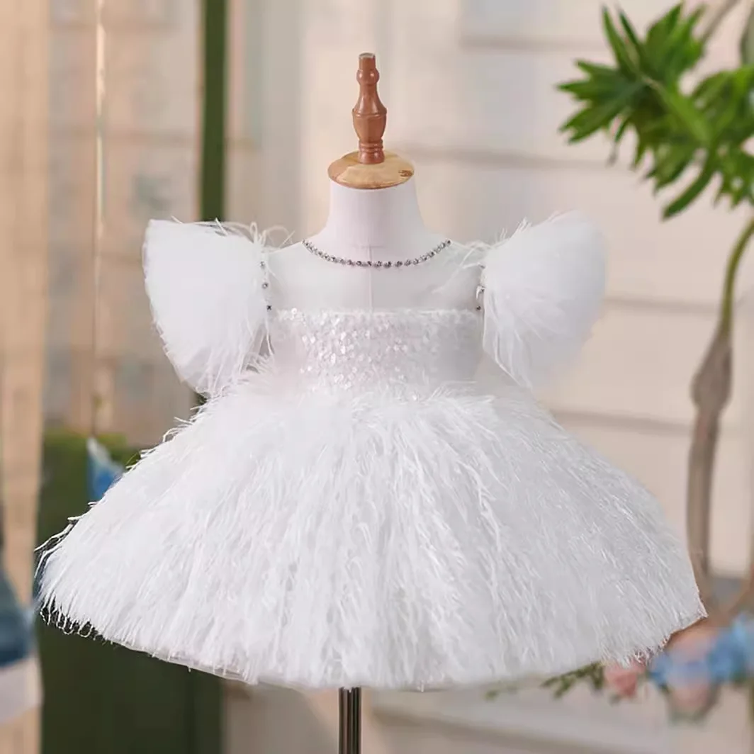 

Luxurious Baby Girl Princess wedding Feather Dress Infant Toddler Dresses white Vestido Party Pageant Birthday Ball Gown