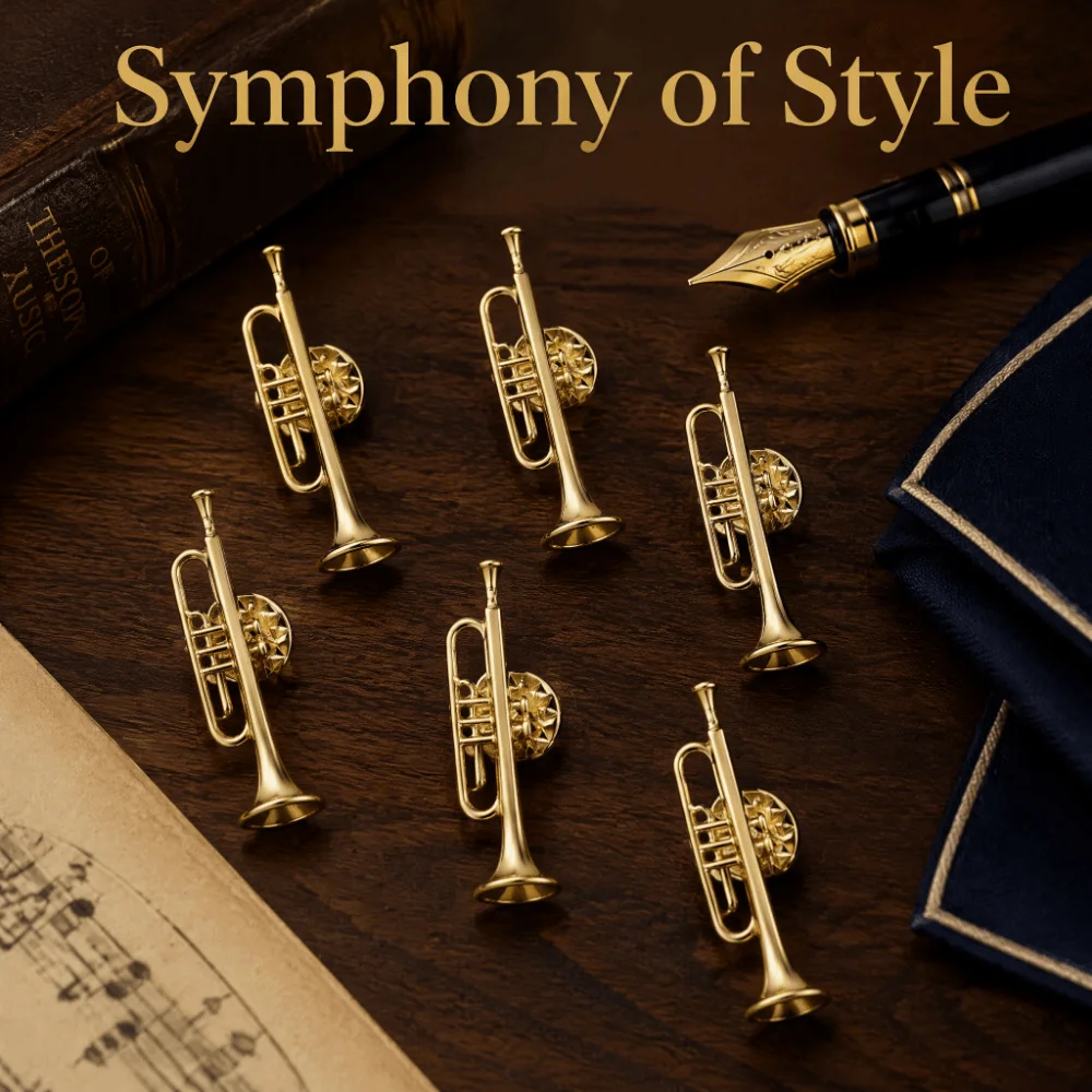 6pcs Pin Back Musical Instrument Brooch Gold Finish Alloy Material Trumpet Brooch Pin Multi‑Pattern Set Shape Brooch Pin