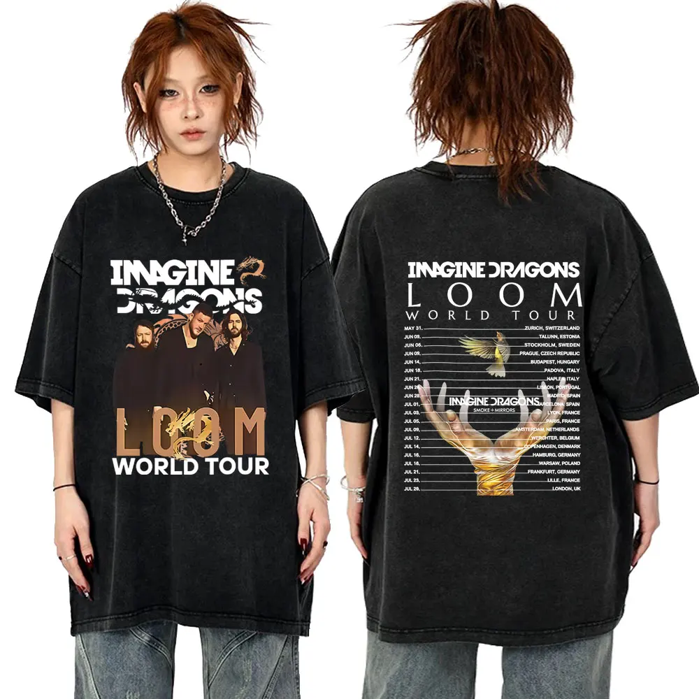 

Imagine Dragons Band Loom World Tour 2025 Vintage Washed T-shirt Men Women Rock Gothic Oversized Streetwear Male Fashion Tshirt