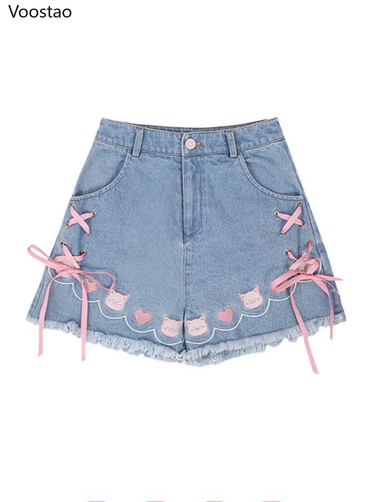 

Summer Harajuku Lolita Style Denim Shorts Girly Sweet Cute Cartoon Piggy Embroidery Bow Bandage Short Pants Women Kawaii Jeans