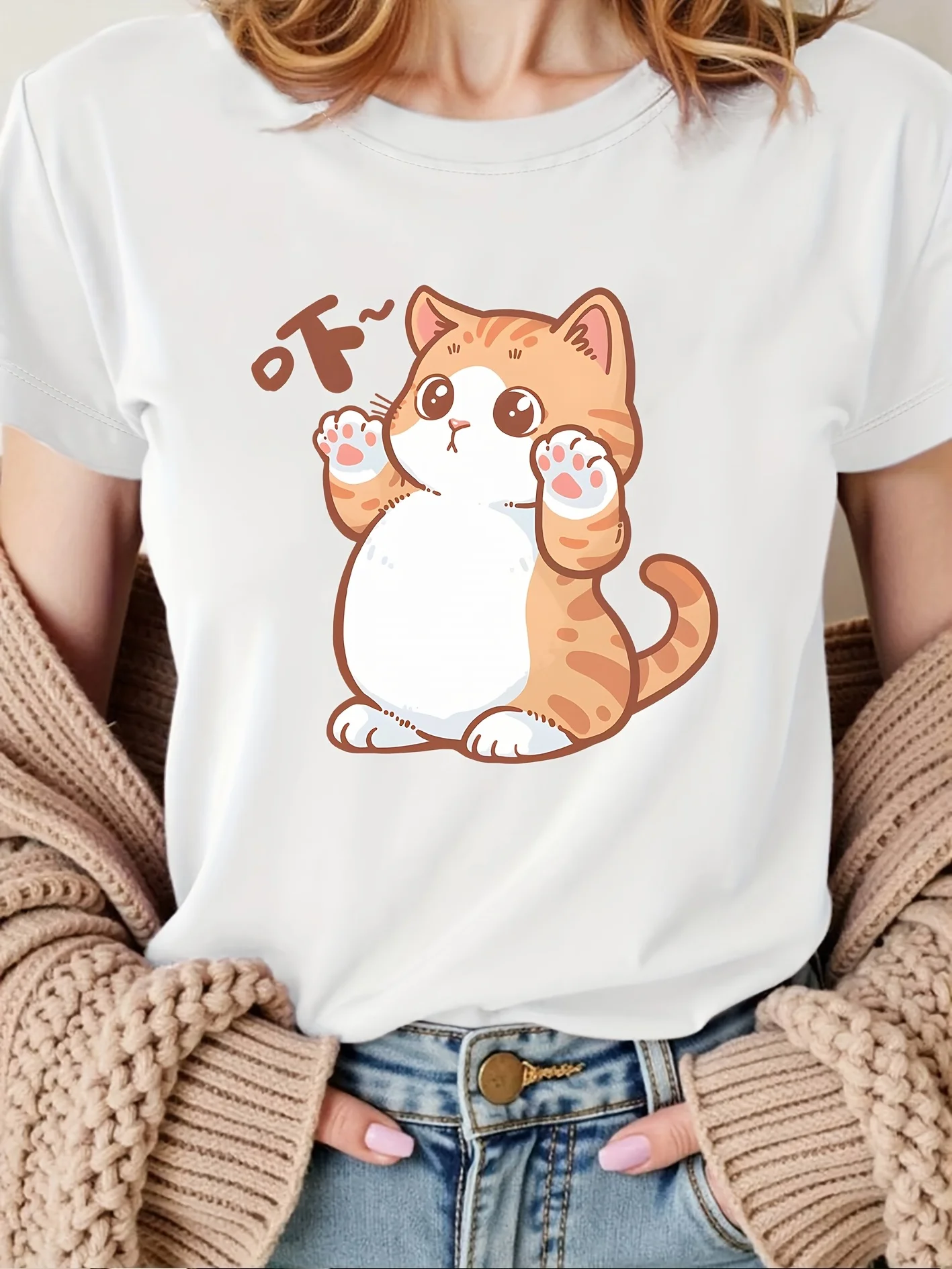 Ladies' Beautiful Short Sleeved Orange White Cat Compared To 