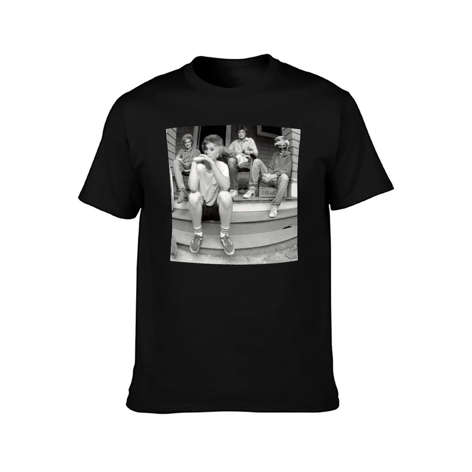 Golden black and white photography girls sitting on porch T-Shirt, Summer Casual Cotton Tee, Oversized Streetwear Tops
