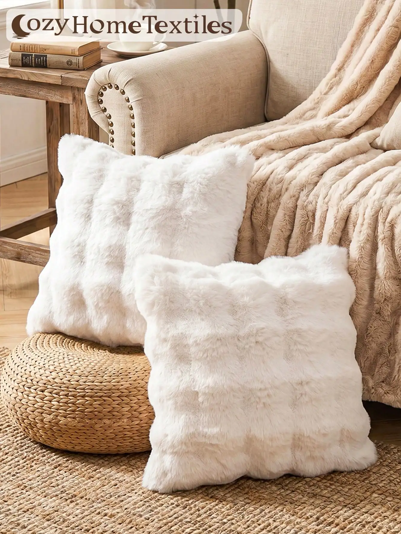 2pcs Khaki Luxury Faux Rabbit Fur Pillow Covers, No Insert, Warm Soft Comfortable, Fluffy Plush Home Decor Cushion Covers, Suitable For Living Room Sofa, Bedroom Bed, Large Decorative Pillowcases, Machine Washable, Autumn Decor