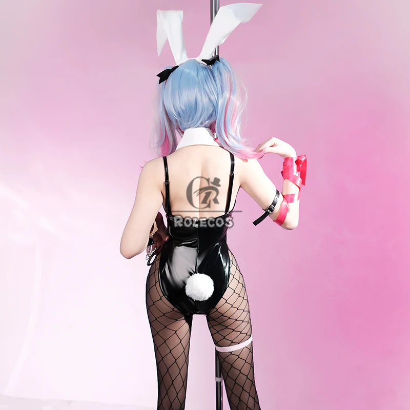 ROLECOS Black Jumpsuit Rabbit Hole Bunny Girl Costume Halloween Sexy Women PU Leather Fabric Elastic Cosplay Bunny Suit Outfit