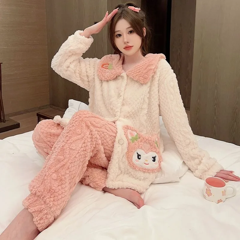 Pajama Girl Nighty Jacquard Coral Velvet Thickened Cute Cartoon Princess Style Embroidery Cardigan Large Size Loose Home Wear