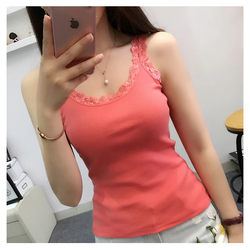 Summer Loose Sleeveless Lace Camisole Tank Top Black Red Inner Wear Vest Daily Casual Outfit Ladies Clothing Matching Accessory