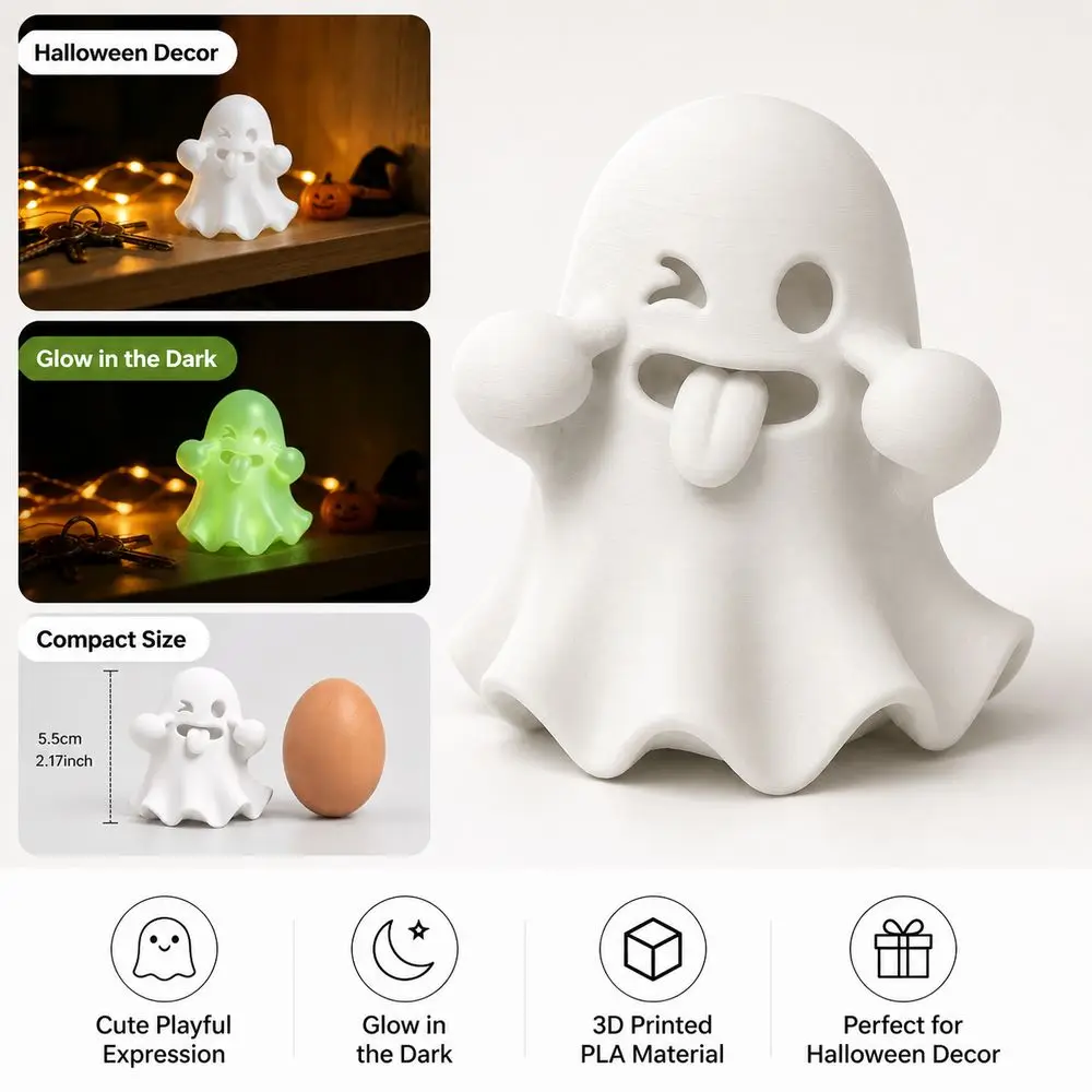 3D Printed PLA Ghost Figurine Glow in the Dark Playful Expression Halloween Figurine Tongue Out Ghost Sculpture Halloween Decor
