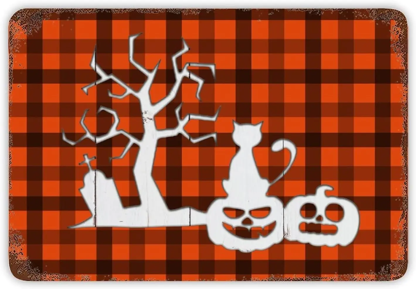 Halloween Pumpkin Cat Metal Sign Orange Black Buffalo Plaid Tin Sign Halloween Party Wall Door Window Decor Stunning Farmhouse H