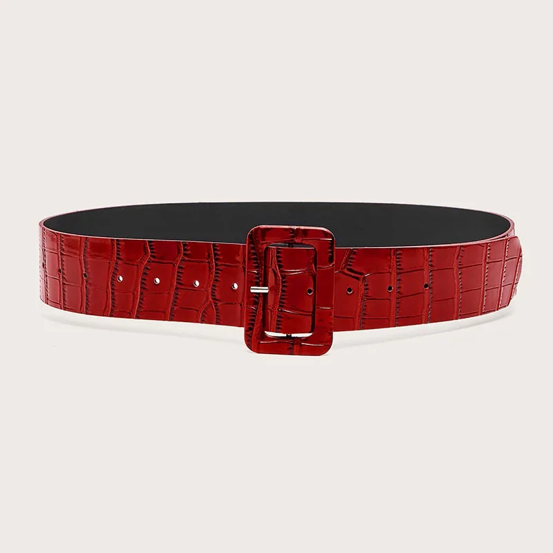Women Red Wide Belt Stone Pattern Waist Seal Top Dress Tight Casual Decoration Square Buckle Retro Basic Bright Edition Pants