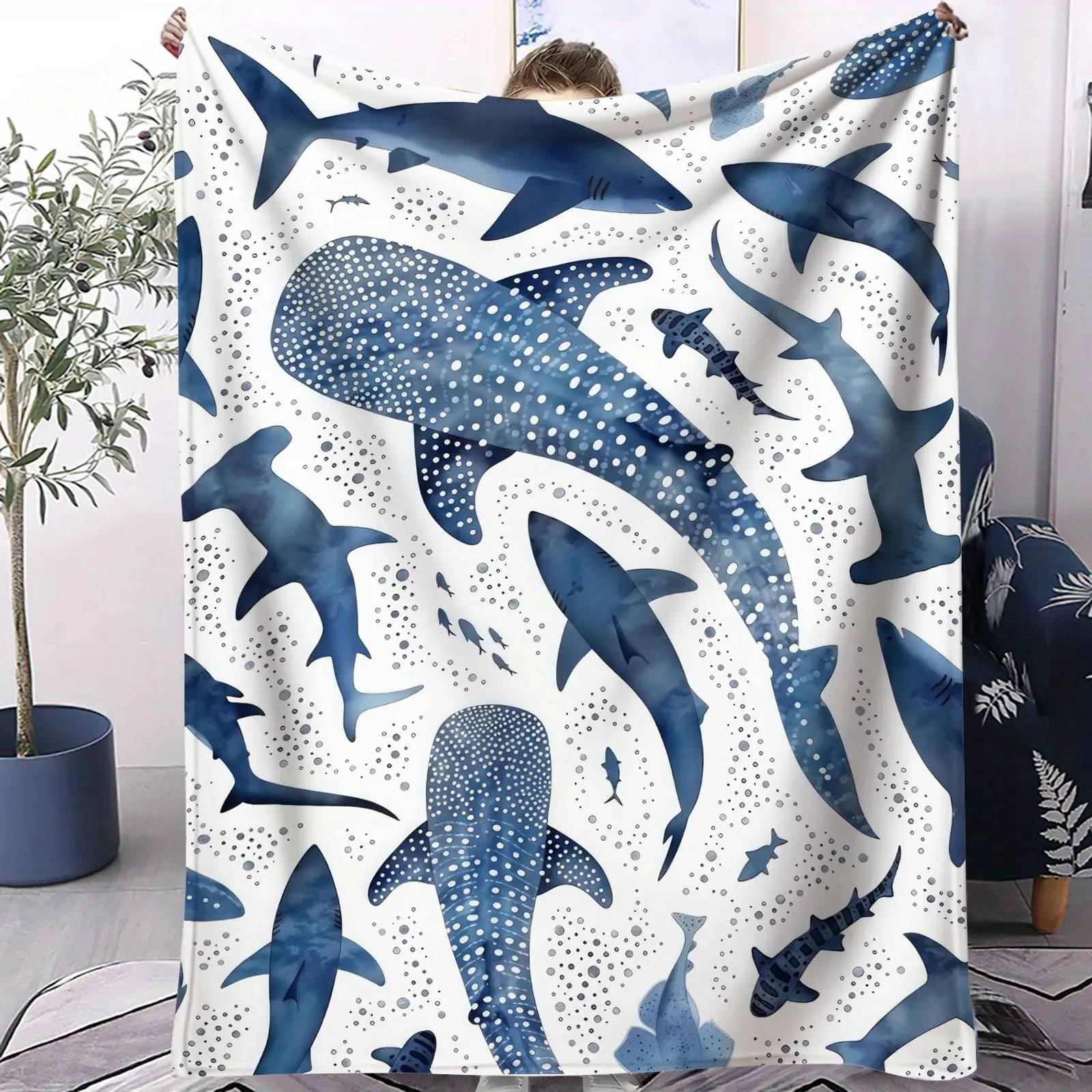 Watercolor Blue Whale Shark Mixed Sharks Marine Animal Flannel Throw Blanket Coastal Nautical Underwater Creature Lap Blanket,