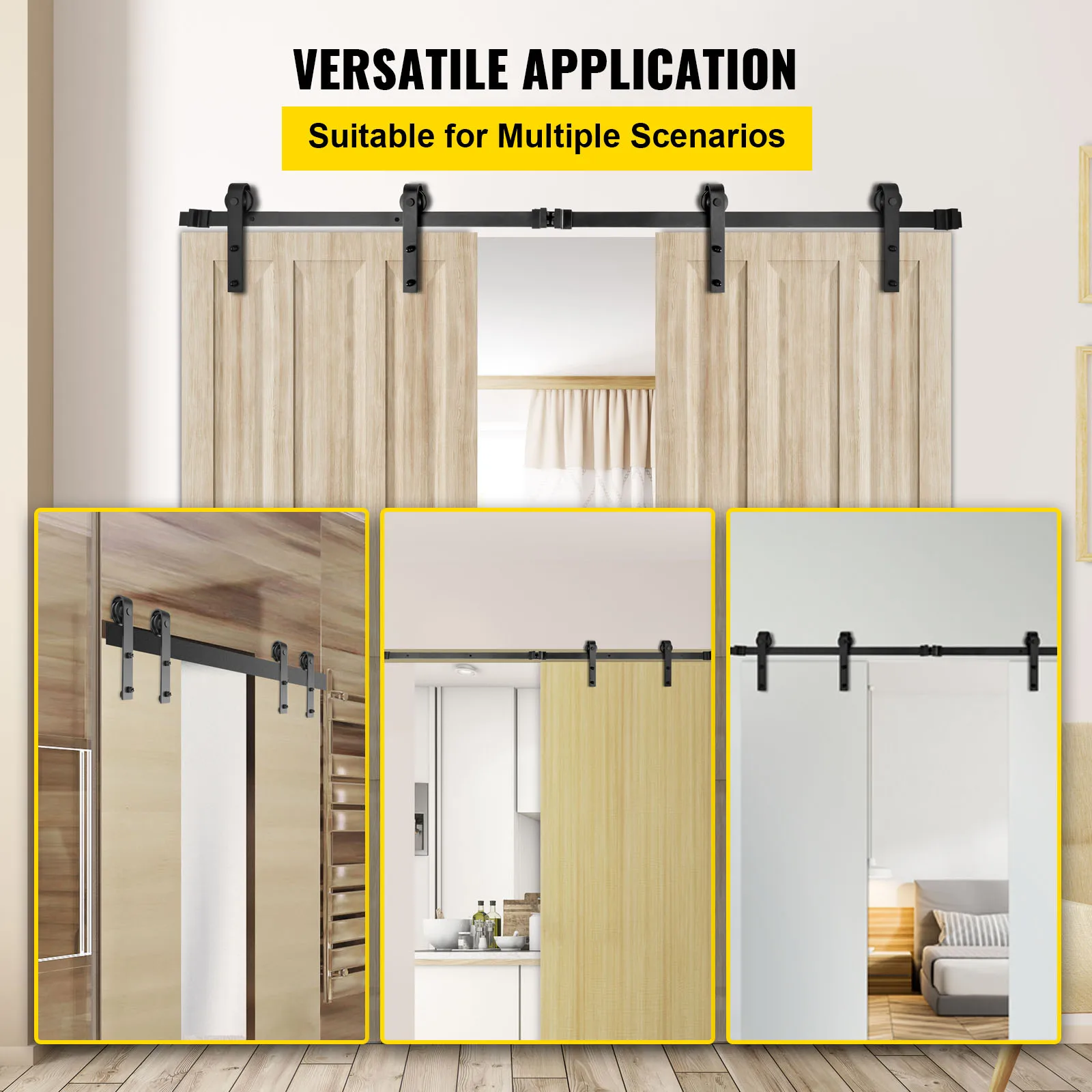 VEVOR 6FT-10FT Classic Rail Sliding Barn Door Kit Double Doors Single Track Hardware Sliding Door Track Kit Wheel Track System