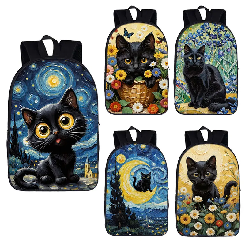 

Cute Black Cat in Van Gogh Painting Backpacks for Teenager The Starry Night Kids School Bags Women Rucksack Laptop Bag Bookbags