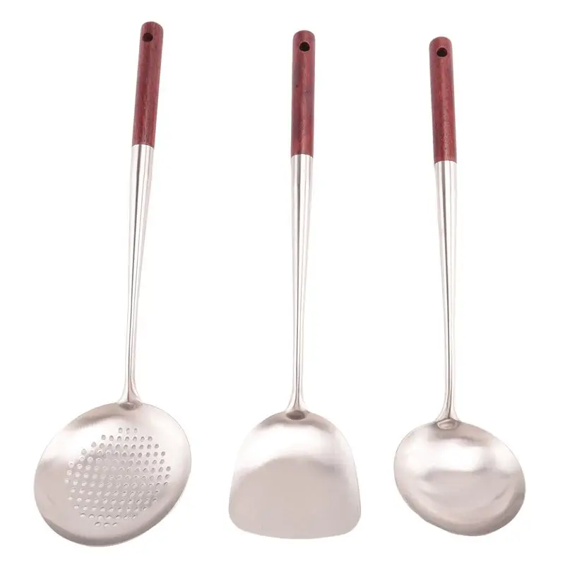 AFOURT-3X Wok Spatula And Ladle,Skimmer Ladle Tool Set, 17Inches Spatula For Wok, 304 Stainless Steel Wok Spatula