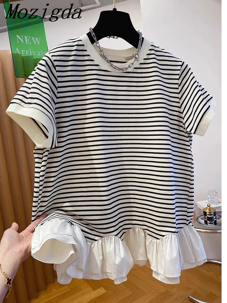 

Summer T Shirt For Women Ruffles Stripes Sweet Ropa De Mujer Vintage Loose Elegant T-shirts Ladies Tops