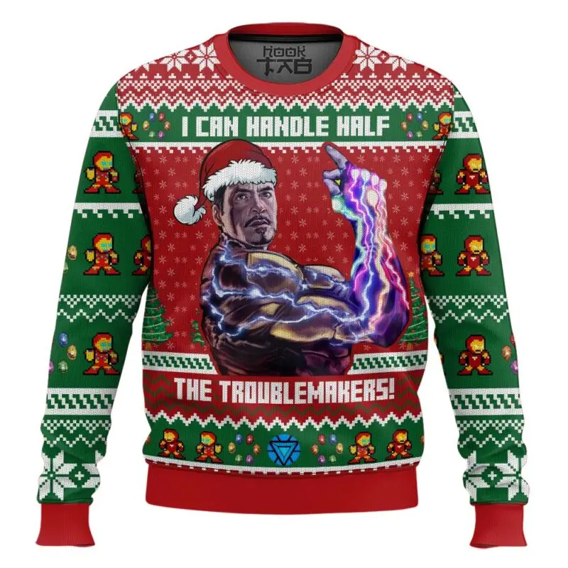 Marvel Q-Version Iron Man Wearing Christmas Hat Snap Fingers Christmas Ugly Sweater Festive Atmosphere Fashionable Dressing