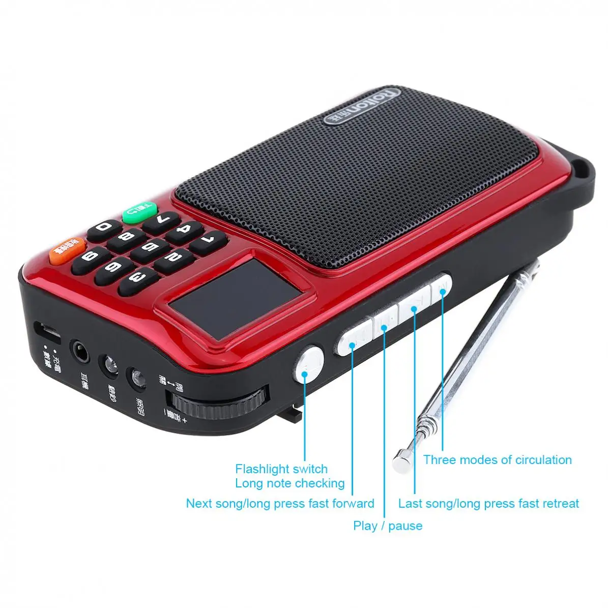 رولتون W405 المحمولة TF بطاقة USB FM كبار السن مكبر صوت مع شاشة الكريستال السائل مضخم الصوت مشغل موسيقى MP3 الشعلة مصباح التحقق من للكمبيوتر