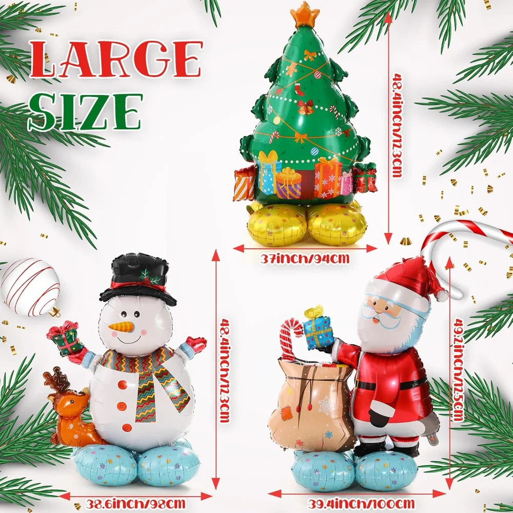 3 Pcs Christmas Balloon Giant, 4D Christmas Tree Santa Claus Snowman with Base Balloon for New Year Party Decorations Supplies