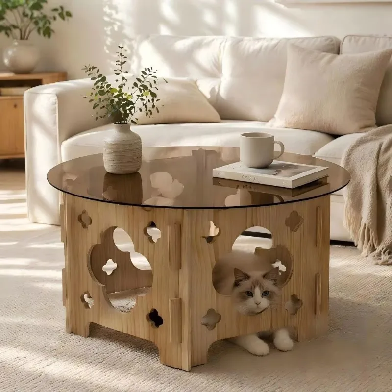 Caramel tabletop, floral pattern hollow wood base, farmhouse style center coffee table