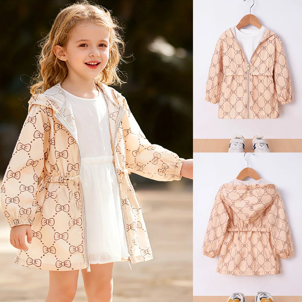 Spring/autumn Kids's Long-sleeve Hooded Casual Zip-up Jacket With Bow-tie All-over Print Design Stylish Versatile For Everyday