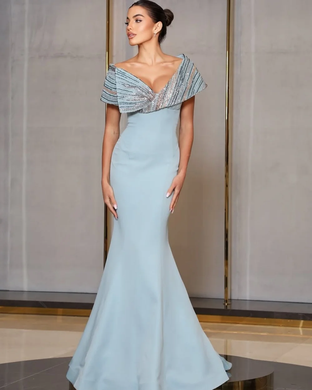 

Customized Modern Style Formal Jersey Sequined Ruched Mermaid Off-the-shoulder Long Dresses Bespoke Occasion Dresses Matching