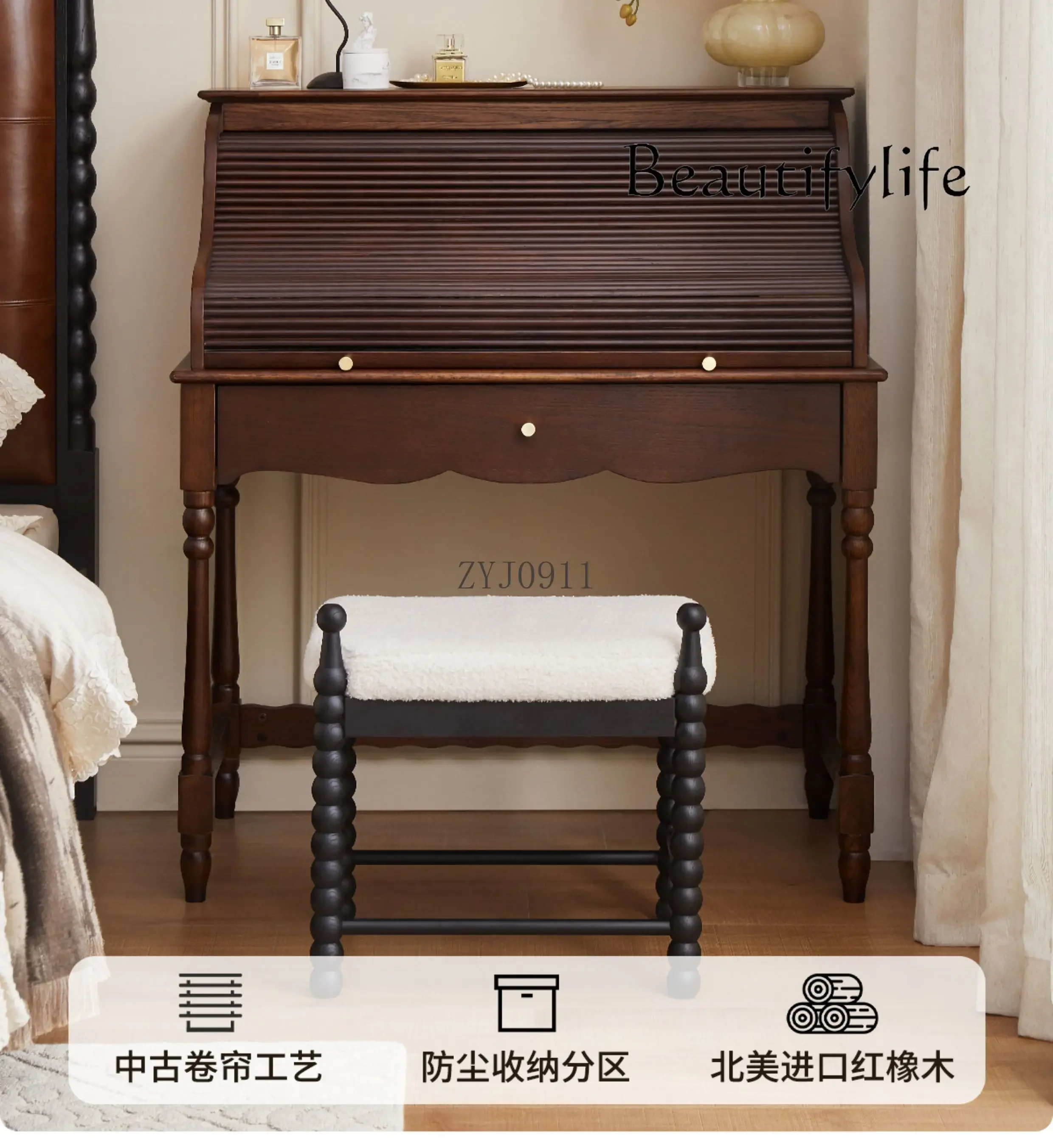 XE French Retro Roller Shutter Dresser, Medium And Ancient Style Solid Wood Makeup Table, Integrated Storage