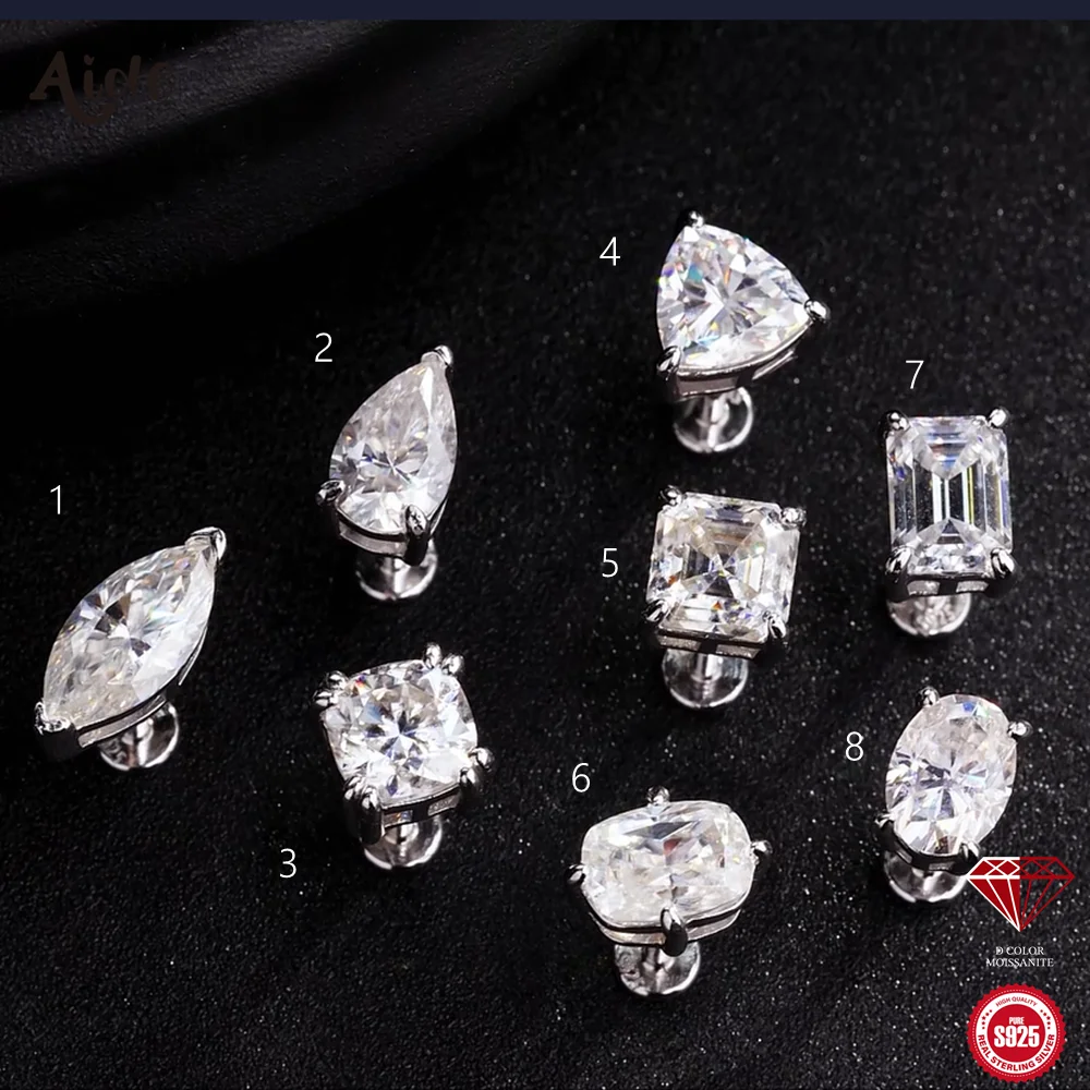 Aide 1pc 1CT Big Moissanite 925 Sterling Silver D Color VVS1 Flat Back Earrings Helix Threaded Piercing For Women Men Wedding