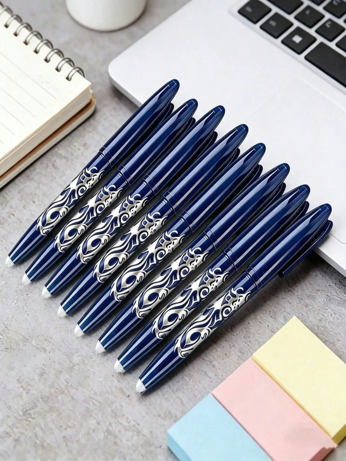 Neat Erasable Pen Set Navy Blue Silver Elegant Pattern Fine Tip Smudge-Proof Neutral Pen Suitable for Students Teachers Cute Sta