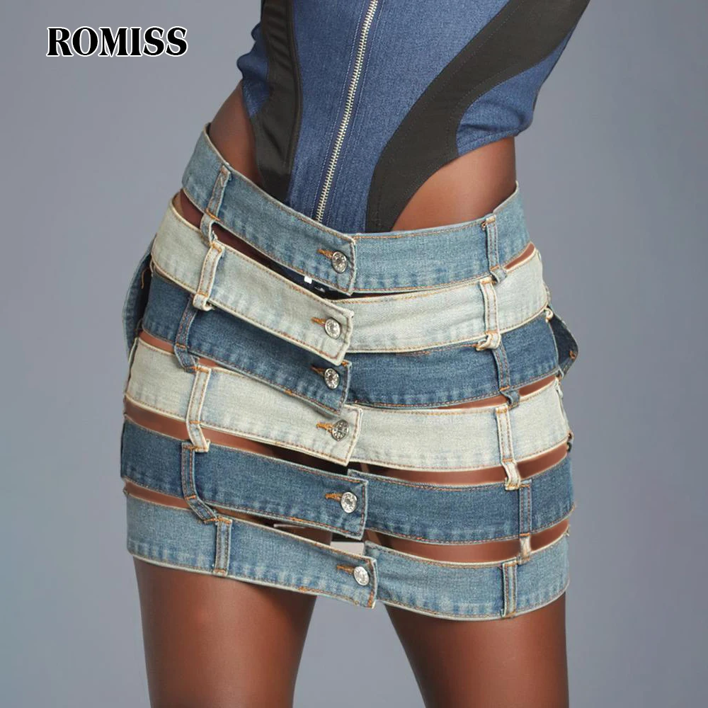 

ROMISS Hollow Out Patchwork Denim Skirts High Waist Single Breasted Colorblock Slim Summer A Line Mini Bodycon Skirt Female