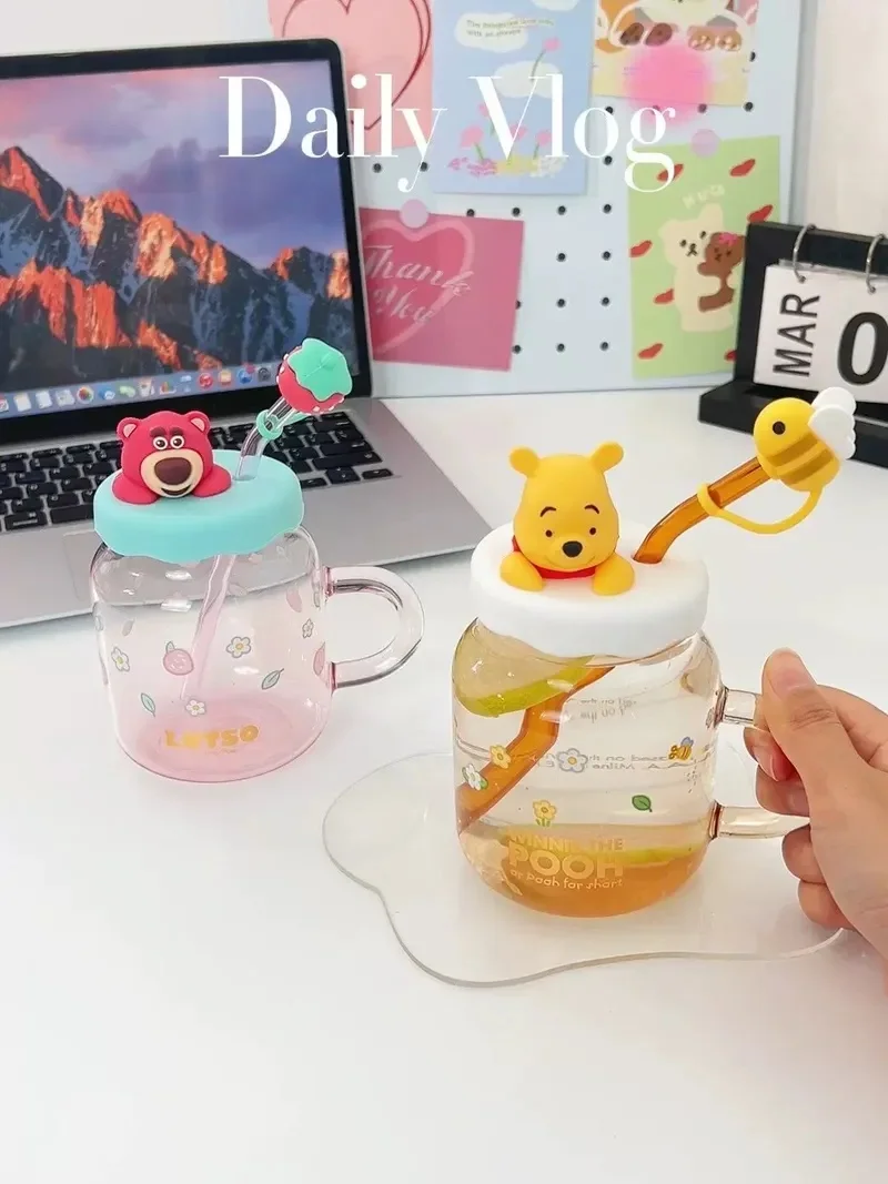 Disney Winnie Bear Glass Straw Cup High Appearance Large Capacity Water Cup Household Cup Juice Cold Soaking Cold Drink Cup