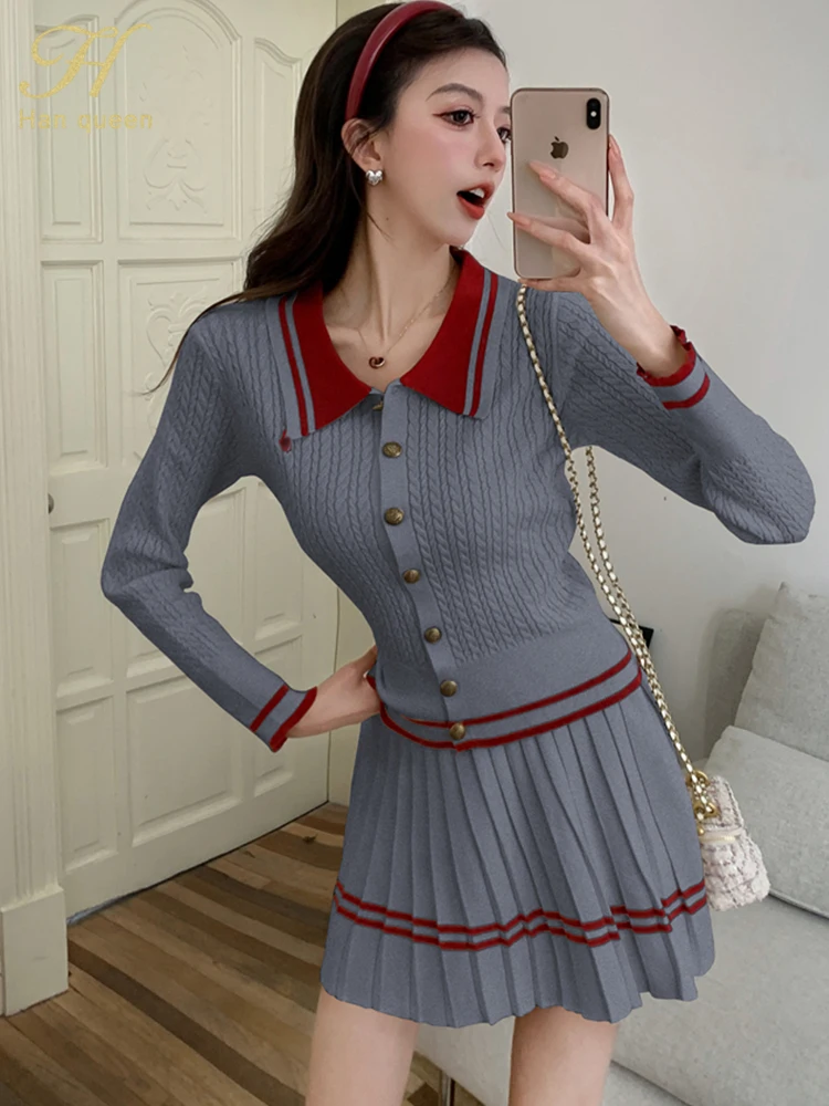 H Han Queen Elegant Korean Stretch Knit 2024 Autumn 2 Pieces Set Women Top + Short Pleated Skirts Casual Simple Office Skirt Set