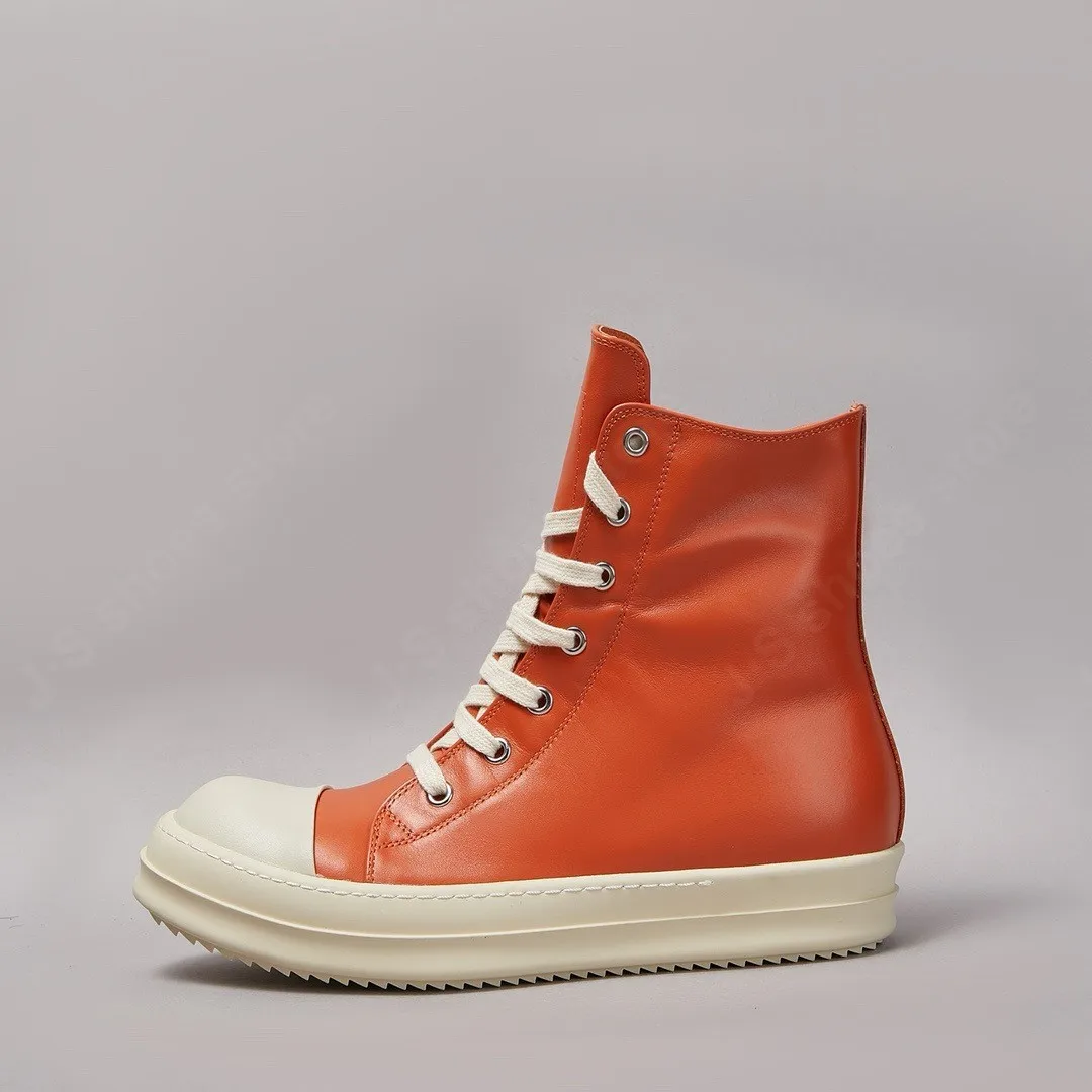 Ricks Schoenen Luxe Merk RO Mannen Schoen Oranje Lederen Schoenen Vrouwen Hoge Sneaker Owens Casual Schoenen Platte Schoen Luxe Schoenen Laars