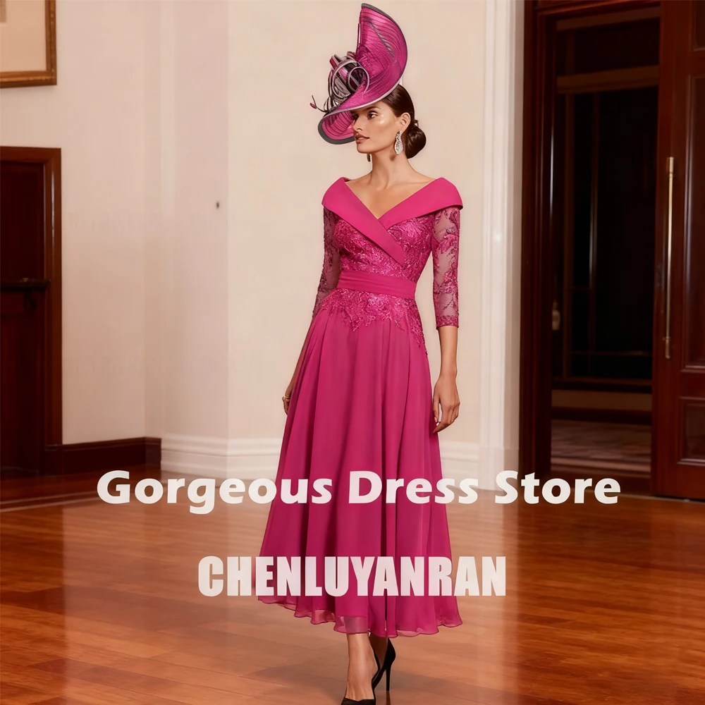 

Customized Chiffon Mother of the Bride Dresses Blue Lace Applique Crystal Wedding Party Gowns V-Neck A-Line Elegant Dress Women