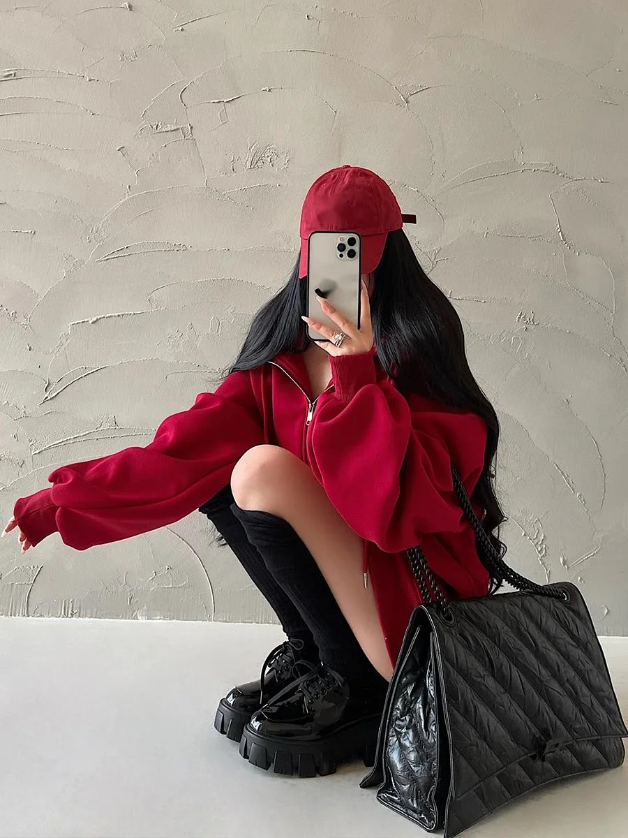 WOMENGAGA Hooded Sweatshirt Zipper Loose Slim Plush Thick Sports Casual Hoodie For Women Red Sweet Korean Women Tops 5MBZ